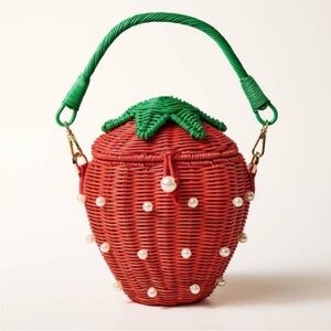Strawberry Pearl Accent Woven Handbag - Red & Green